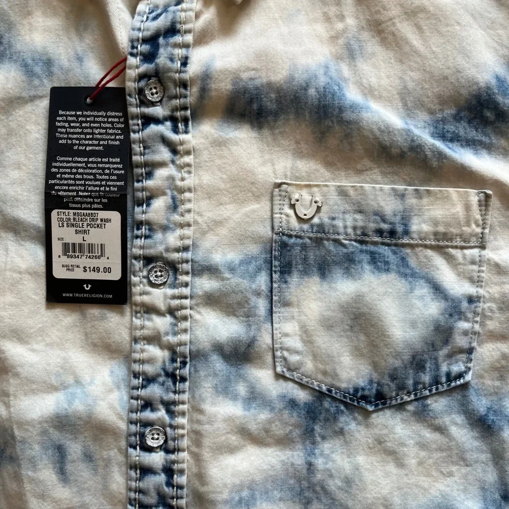 True Religion Mens Bleach Drip Wash Slim Fit LS Single Pocket Shirt MSGAAB8D7 L